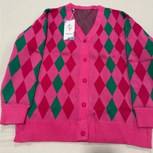 Source Unknown Pink and Green Argyle Cardigan
